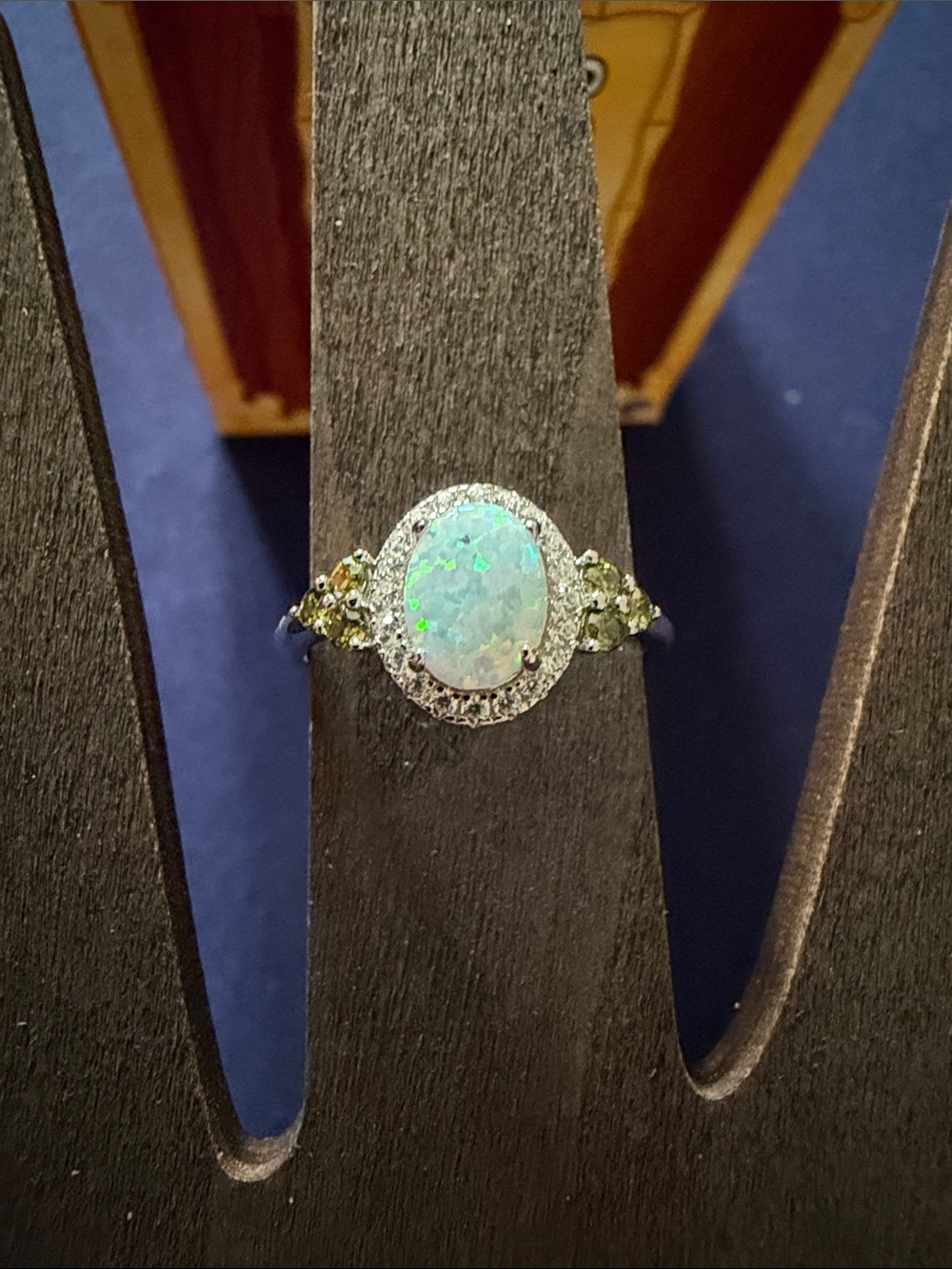 Fire Opal Halo Ring with Green Peridot Accent Stones - Women Jewelry
